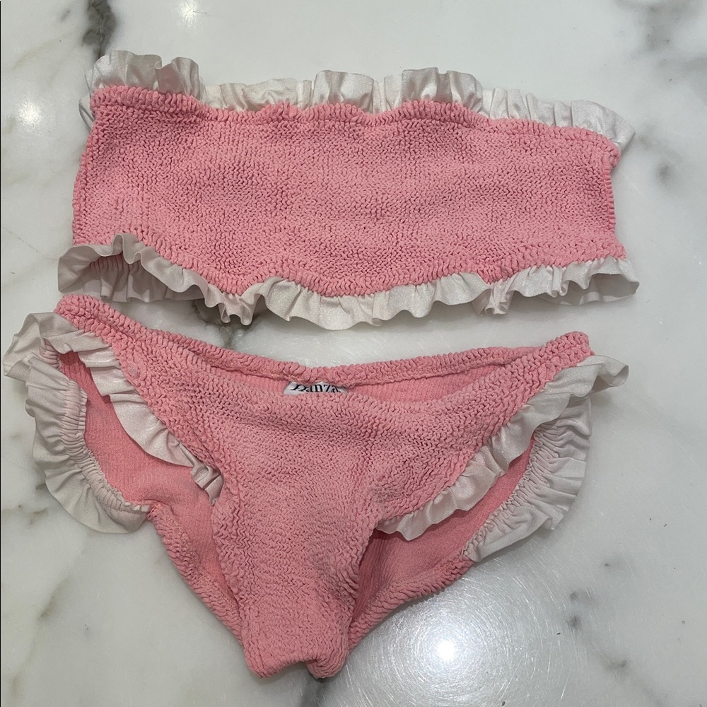 Hunza G Pink Ruffled Bandeau Bikini Set